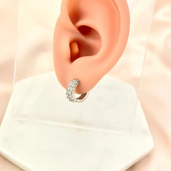 925Sterling Silver Diamond CZ Huggie Hoop Earrings Silver Huggies - Picture 3 of 4
